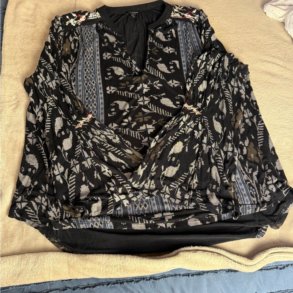 Lucky Brand Boho Embroidered Bell Sleeve Tunic Top Black Gray Large - Picture 10 of 11